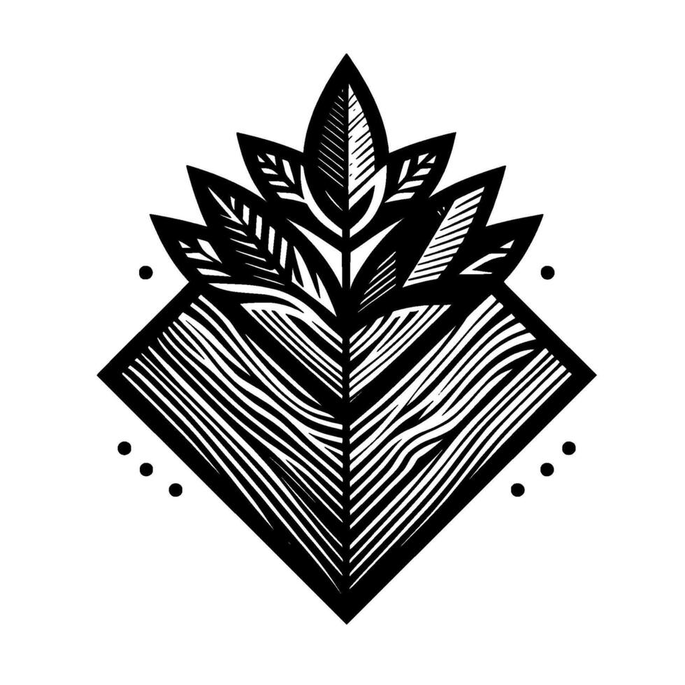 Black white linocutstyle floral emblem, featuring a stylized plant with layered leaves and a diamondshaped base. minimalist design. vector