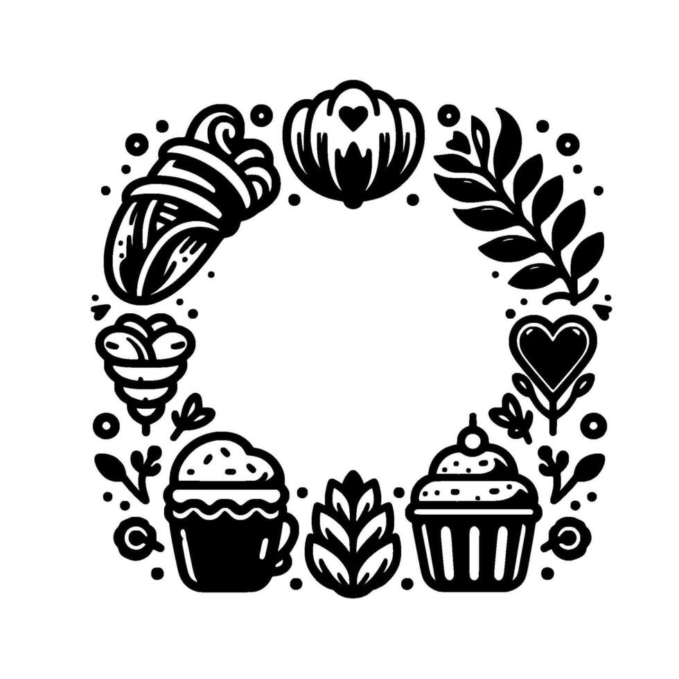 Monochrome, illustration of a circular arrangement of stylized food items, heart, and foliage, with a heartshaped pumpkin and a heartshaped cake. vector
