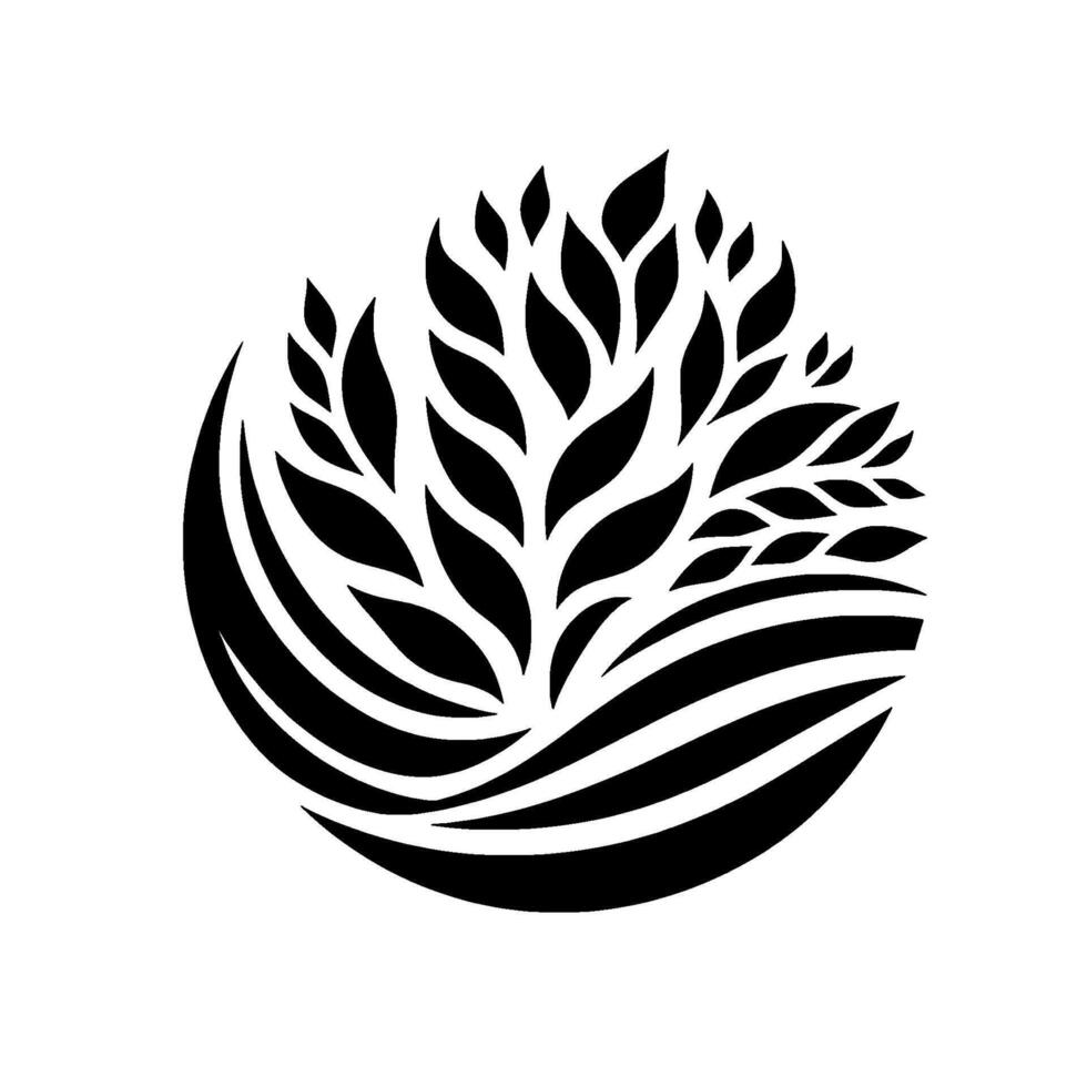 Minimalist black and white floral design abstract foliage branching from wavelike base within circular composition. vector