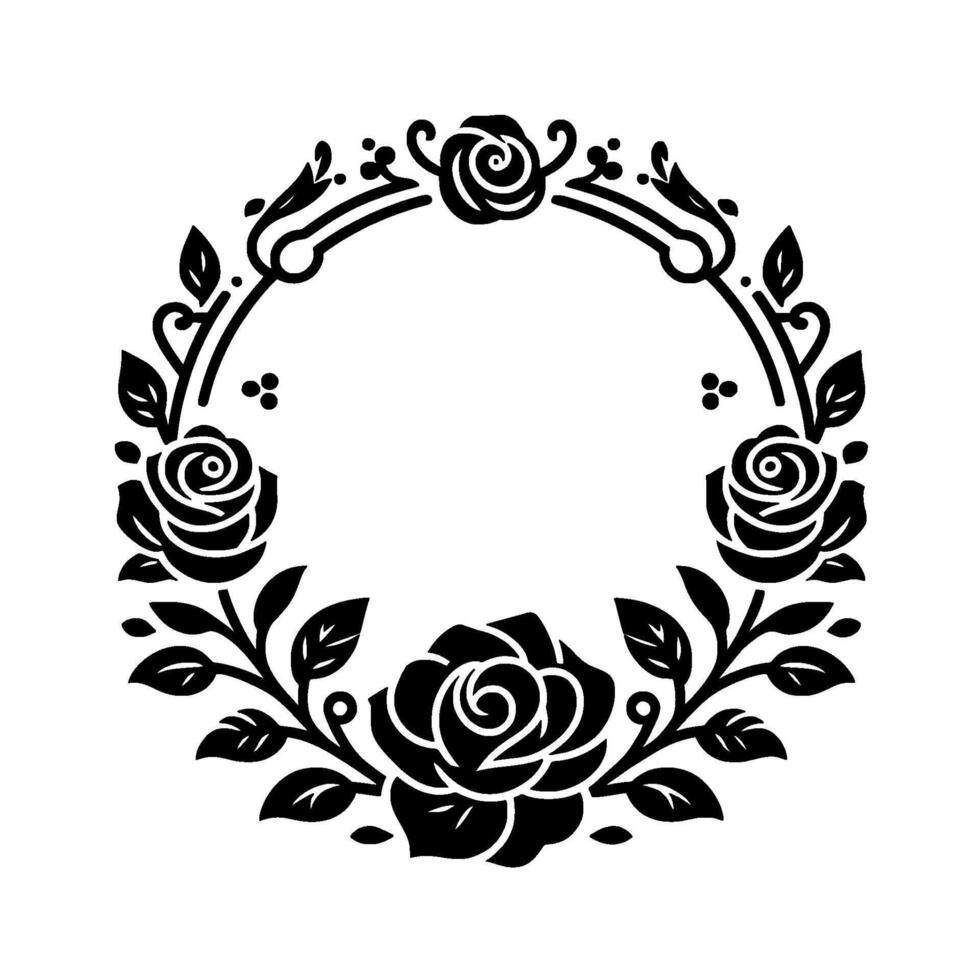 Elegant black floral wreath with roses, leaves, and decorative elements on white background, perfect for borders and decorative designs. vector