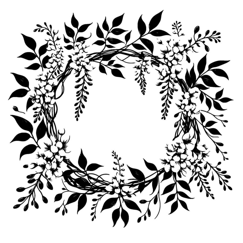 Elegant black and white floral wreath delicate flowers, lush leaves, and intertwined vines in a minimalist composition. vector