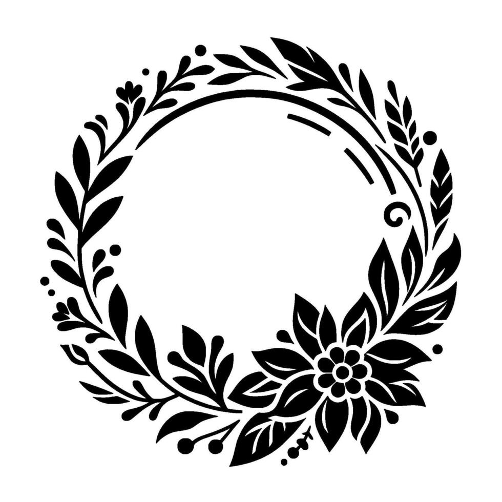 Elegant black white floral wreath with a central flower, leafy branches, and a clean, circular design. vector