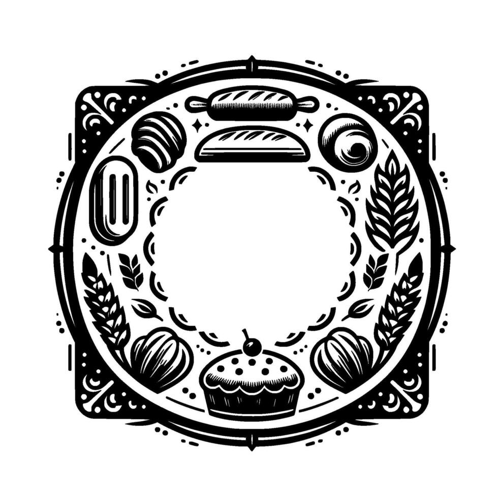 Intricate black and white bakery emblem circle with baked goods, wheat, leaves, and decorative flourishes, forming a stylized border around blank space. vector