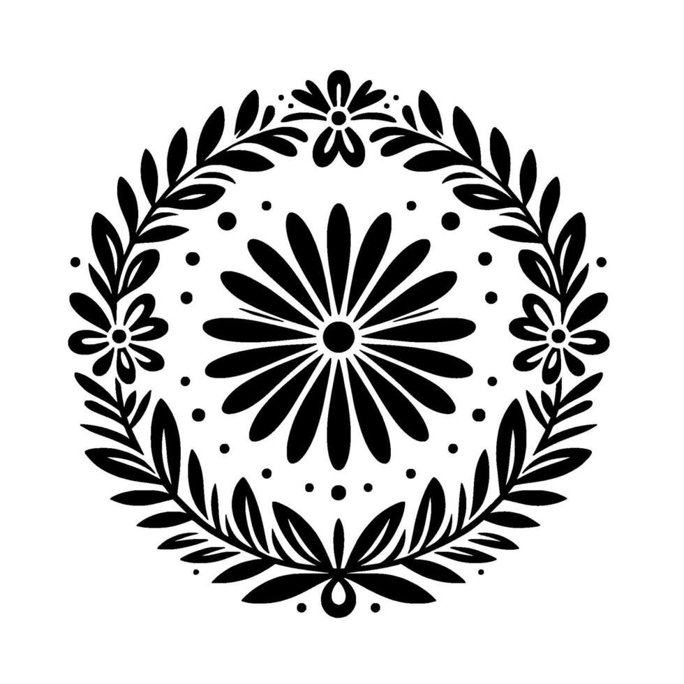 Black and white floral mandala circular botanical with daisy, leaf wreath, and dot accents. vector