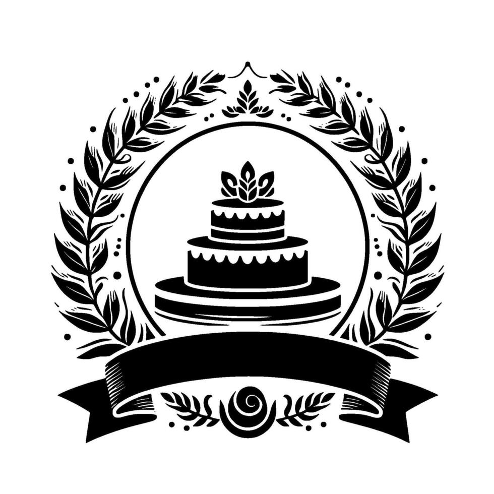 Elegant black and white emblem threetiered cake with leaf wreath, circle, banner, and decorative elements for celebration, anniversary, or event. vector