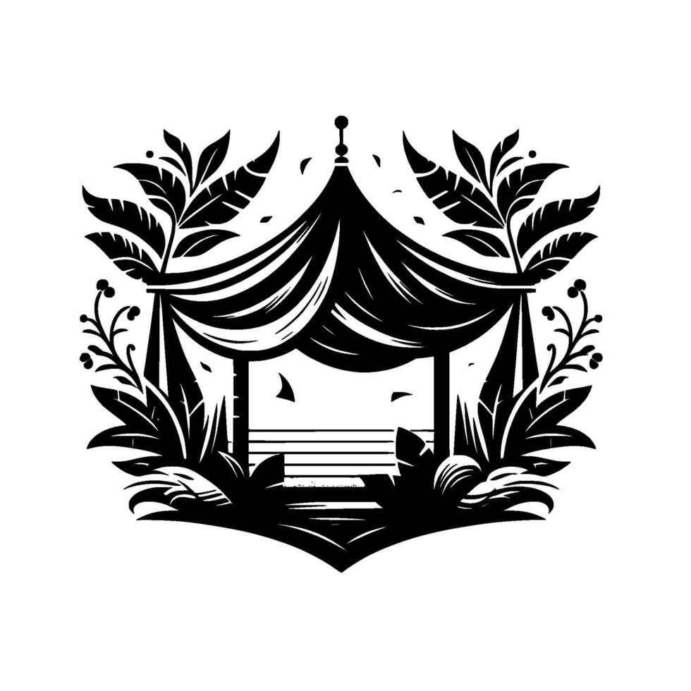 Black and white minimalist illustration of a gazebo surrounded by lush foliage, creating a tranquil and ornamental aesthetic. vector