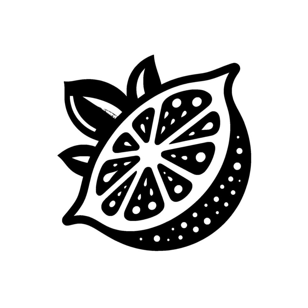 Monochrome illustration of a stylized lemon slice with leaves, featuring contrasting black and white elements and dot pattern. vector