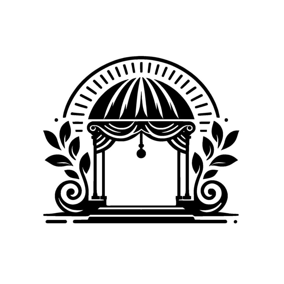 Elegant black and white illustration of a decorative gazebo with a domed roof, leaves, and intricate scrollwork elements. vector