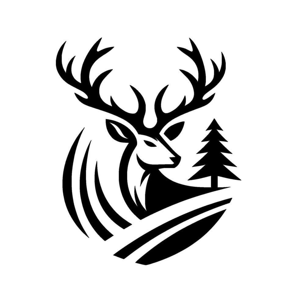 Stylized black and white emblem featuring a majestic deer with impressive antlers, set in a wilderness scene with a pine tree and curved terrain lines within an oval shape. vector