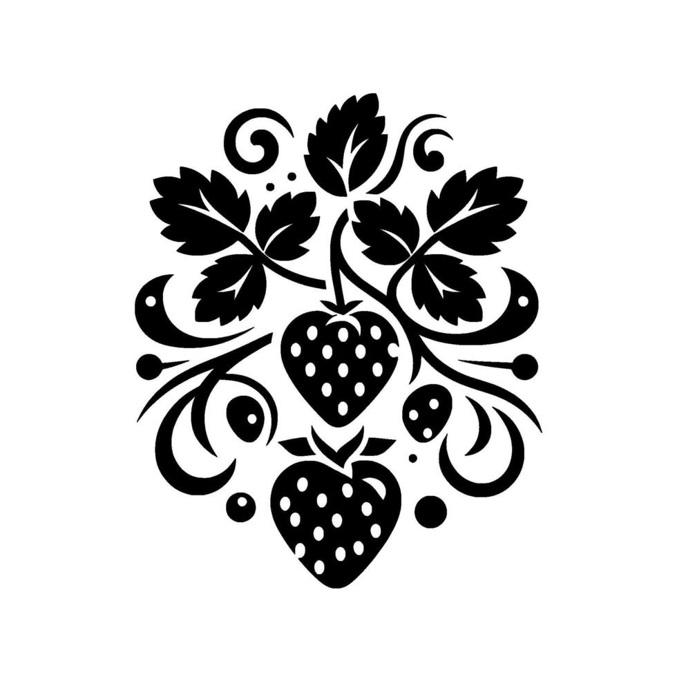 Bold black and white strawberry illustration with leafy vines and curlicues, on a clean white background. vector