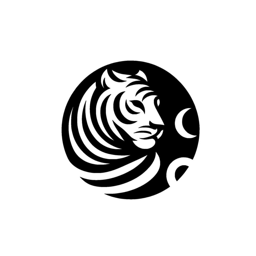 Silhouette of a majestic tigers head within a black circle, with crescent moons, in minimalist black and white design. vector