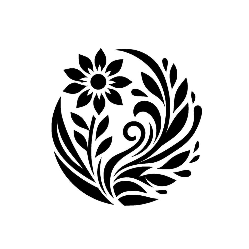 Monochromatic floral mandala featuring sunflower, curving leaves, swirls, and droplets encased in a circular formation on white vector