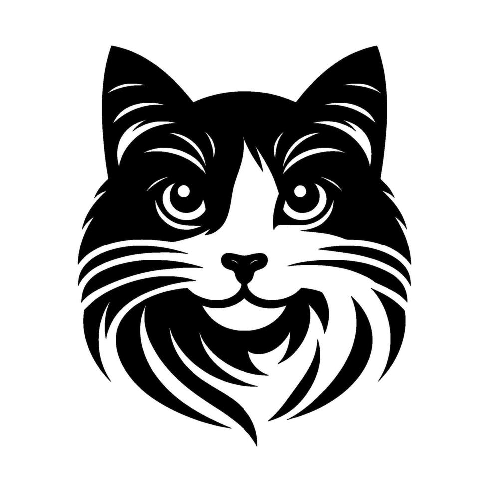 Bold black and white cat face logo friendly, fluffy, smiling mascot with white accents and illustration on isolated background. vector