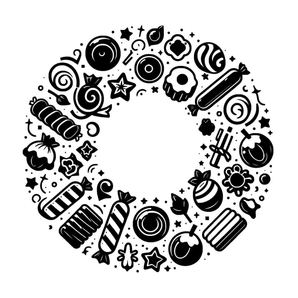 Circular illustration of various candies, sweets, and treats in a black and white minimalist style, forming a decorative border. vector