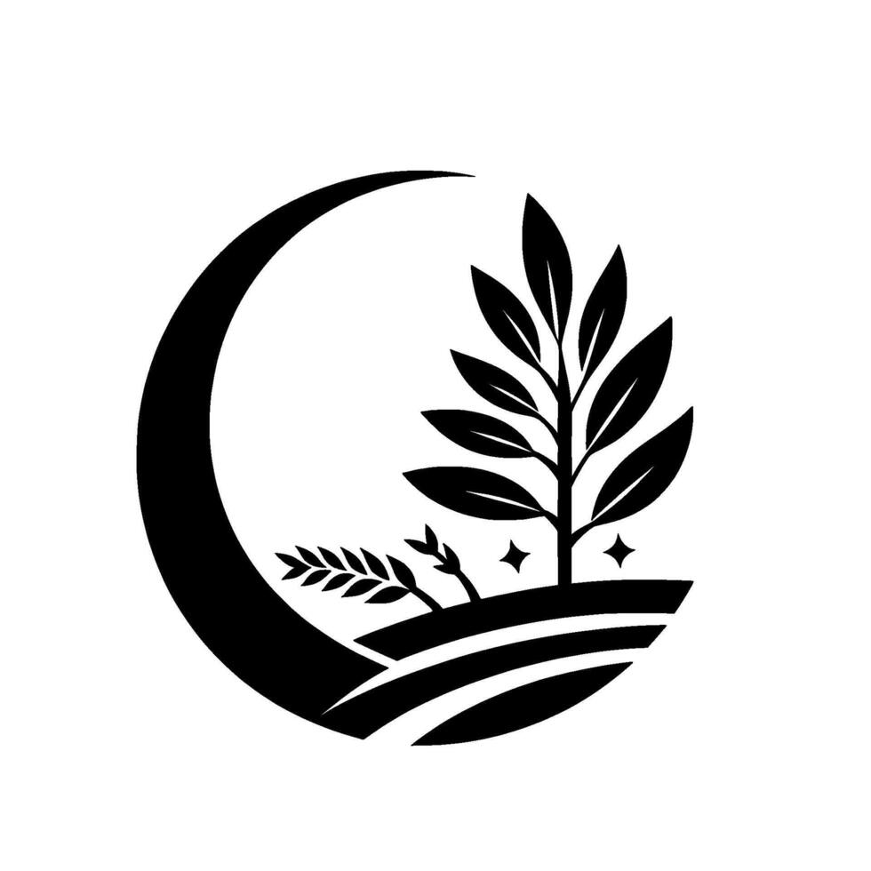 Crescentenclosed organic design black silhouette of flourishing plants, fields, and stars, representing growth and natural harmony. vector