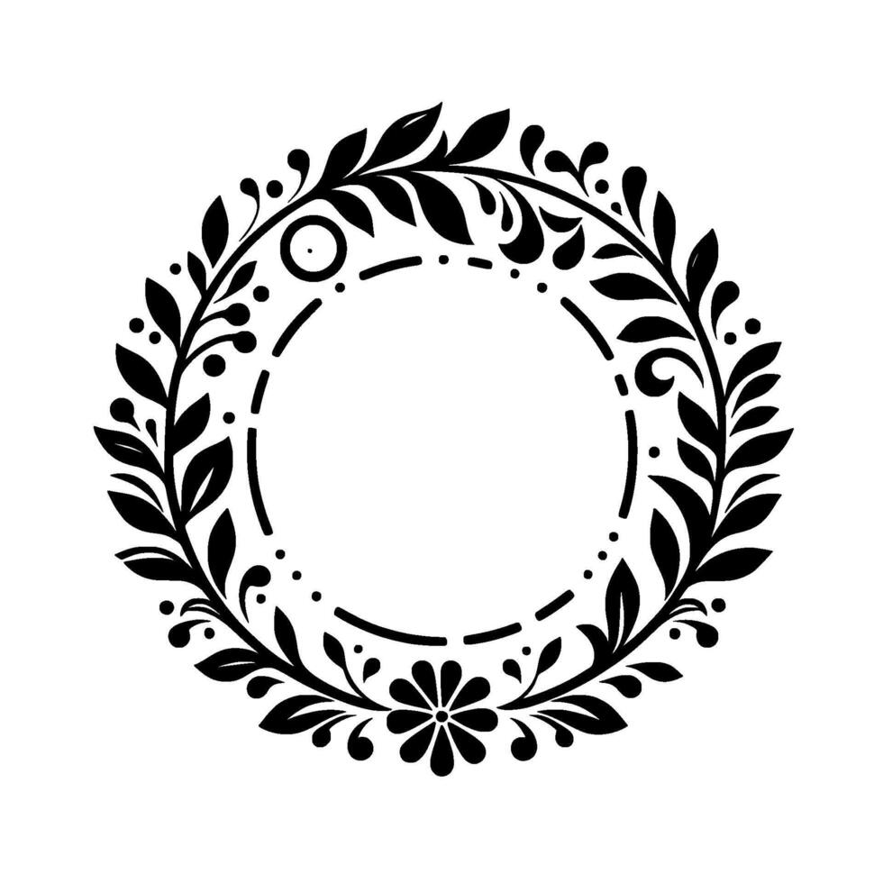 A symmetrical, minimalist, black and white circular floral wreath design, featuring leaves, dotted embellishments, and a central flower, all encircling a blank central space. vector