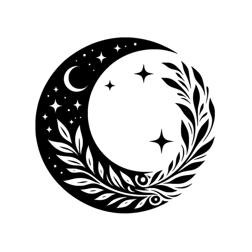 Celestial black and white crescent moon with stars and floral wreath, a simple and elegant illustration. vector