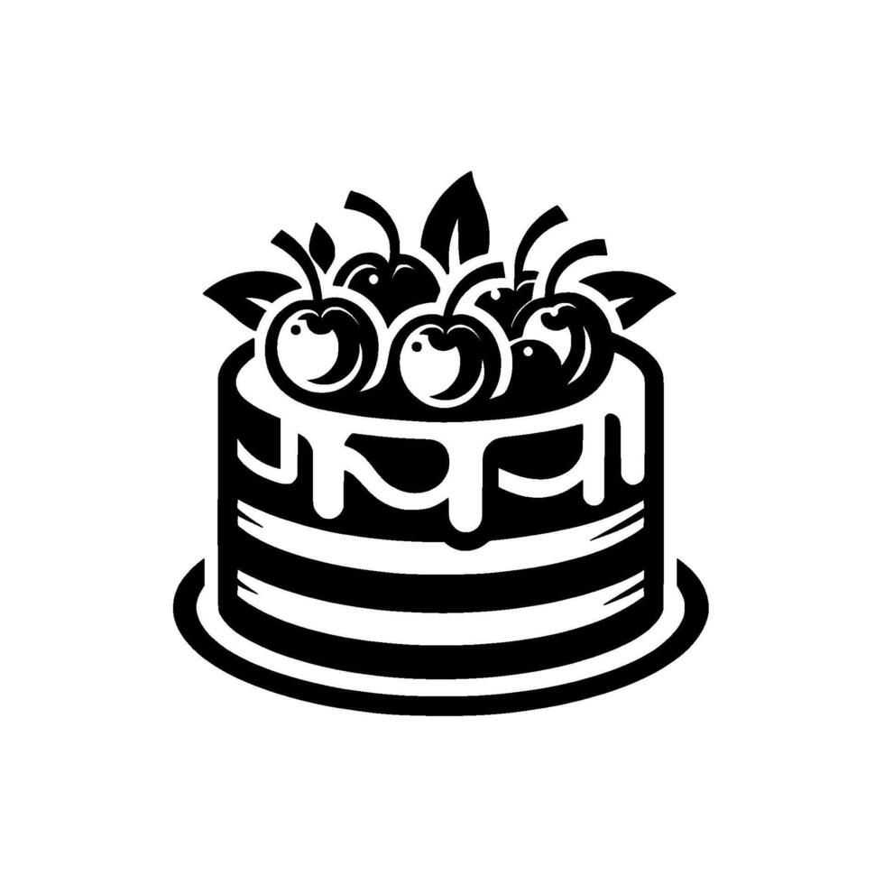 Black and white layered cake with cherry topping a minimalist illustration of a round, tiered cake decorated with dripping frosting and garnished with stylized cherries and leaves, creating a classic vector