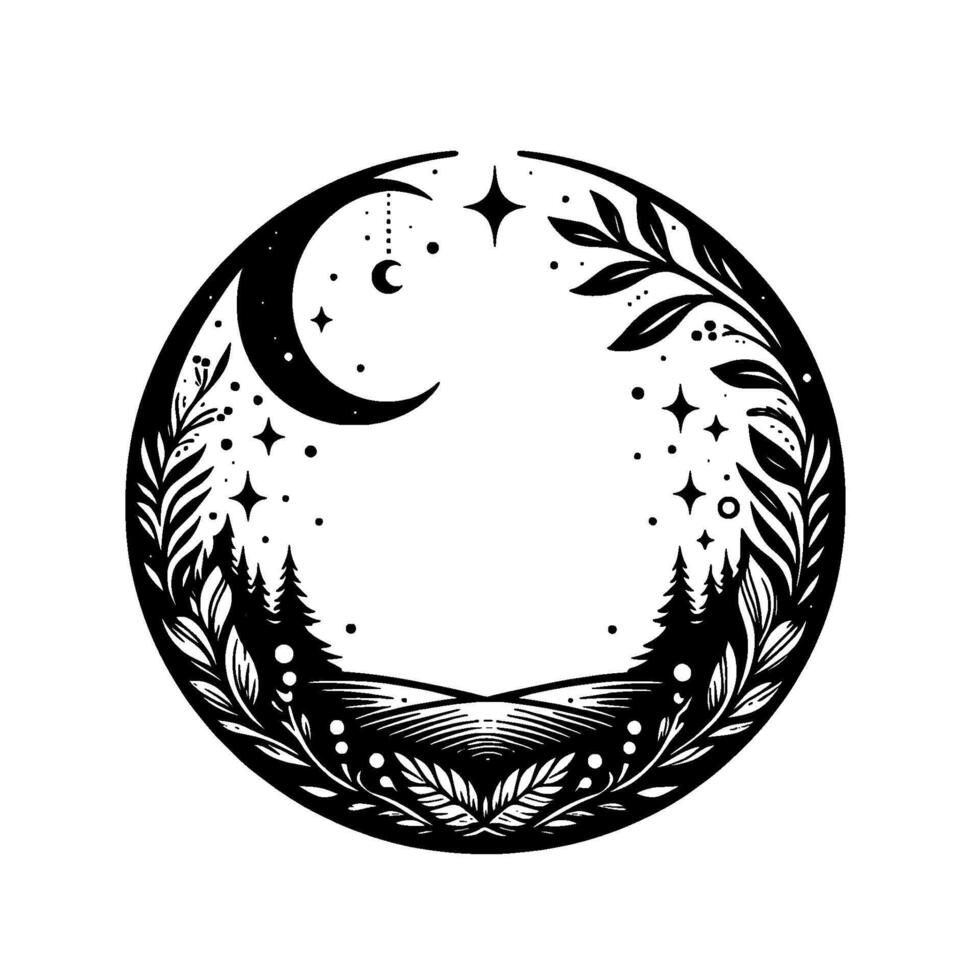 Celestial forest circle black and white illustration featuring moon, stars, fir trees, and foliage vector