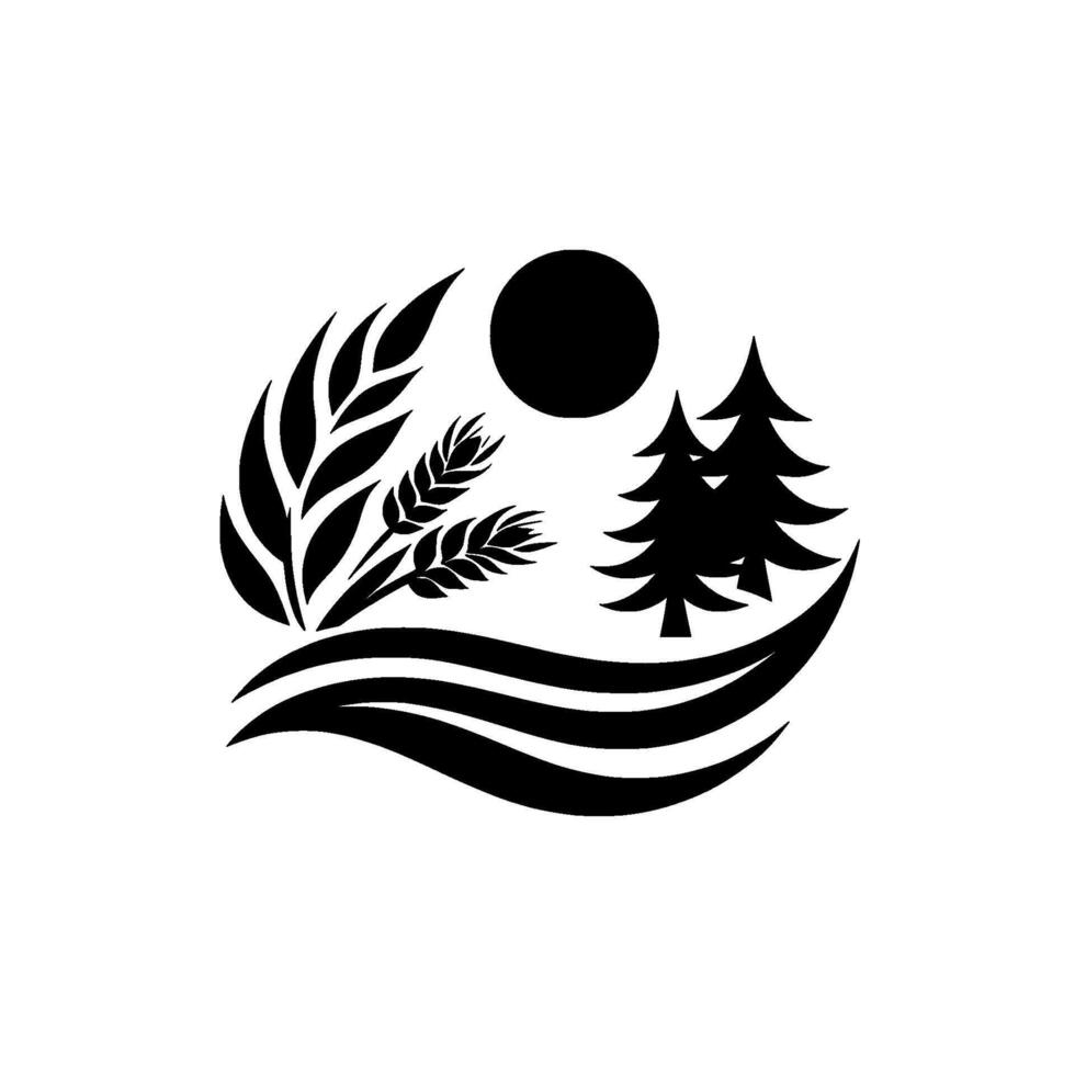 A stylized black and white emblem showcasing wheat, pine trees, a sun, and undulating lines in a circular composition evoking nature and harvest. vector