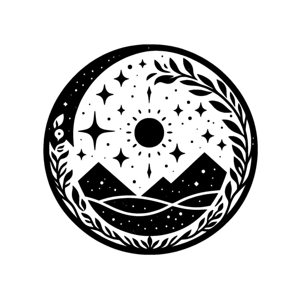 Celestial mountain landscape within a circle, stars, sun, and foliage embellishment, black and white illustration. vector