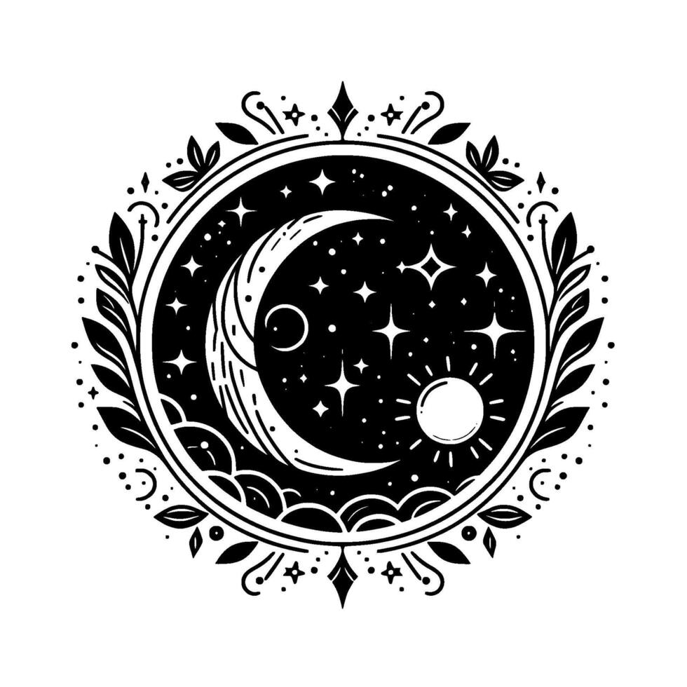 Celestial circle black white illustration of crescent moon, stars, sun, and ornamental foliage within a circular frame. vector