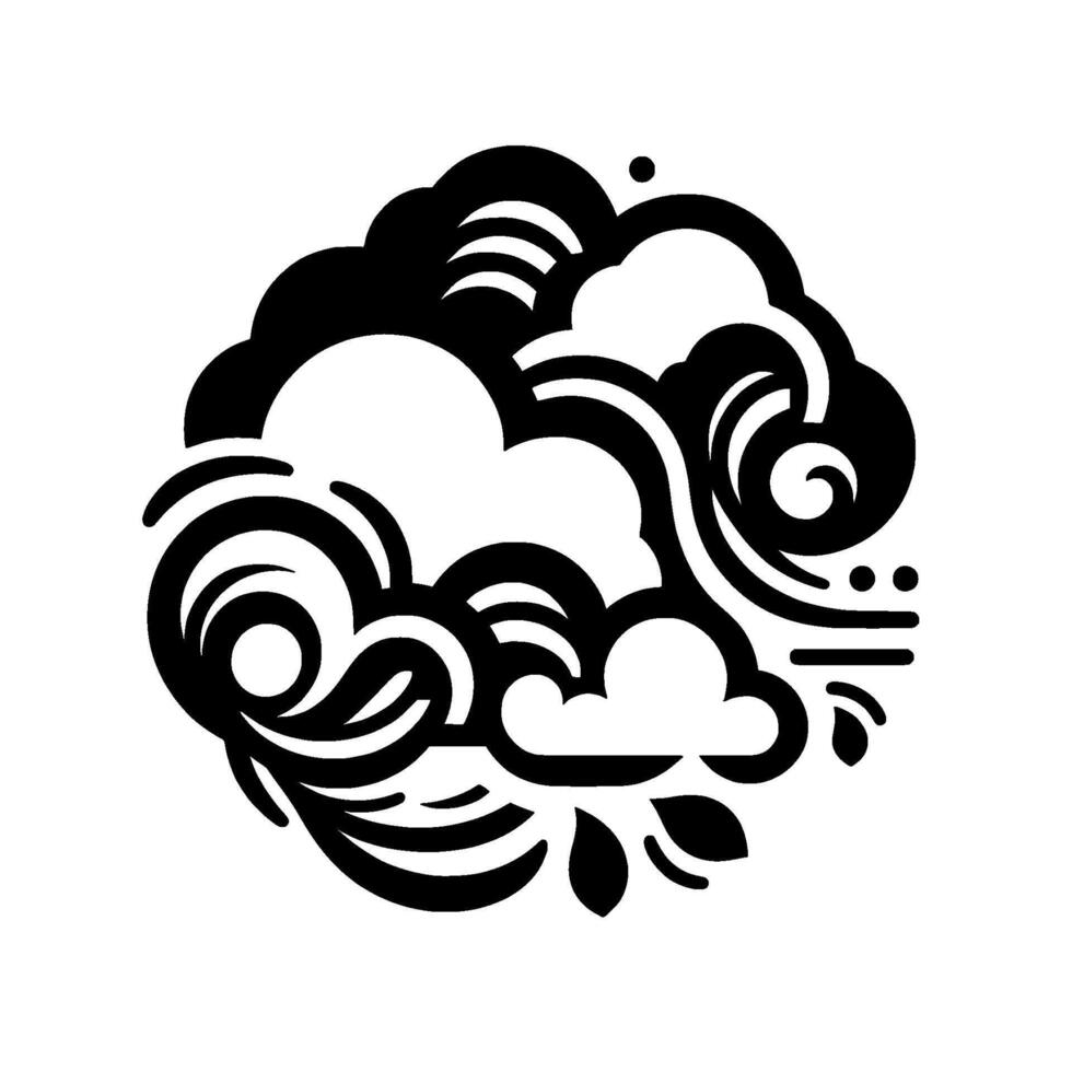 Stylized black and white illustration of swirling clouds, sun, and water forms in a circular, dynamic composition. vector