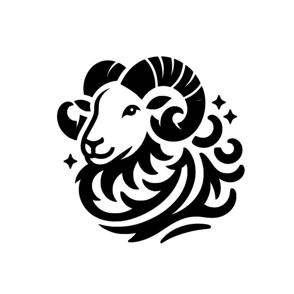 Stylized black and white illustration of an aries ram head with ornate details and star accents on a white background. vector