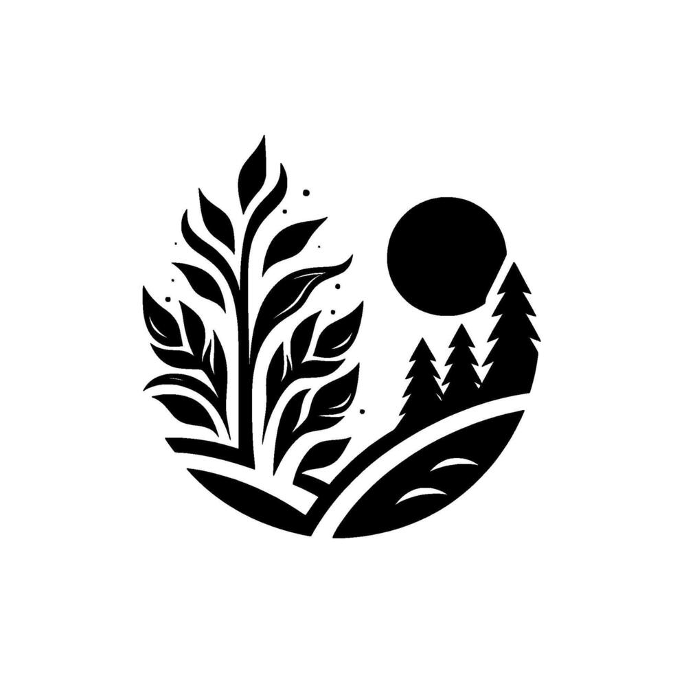 Serene monochrome nature scene lush foliage and evergreen trees under a full moon within an enclosed circular composition vector
