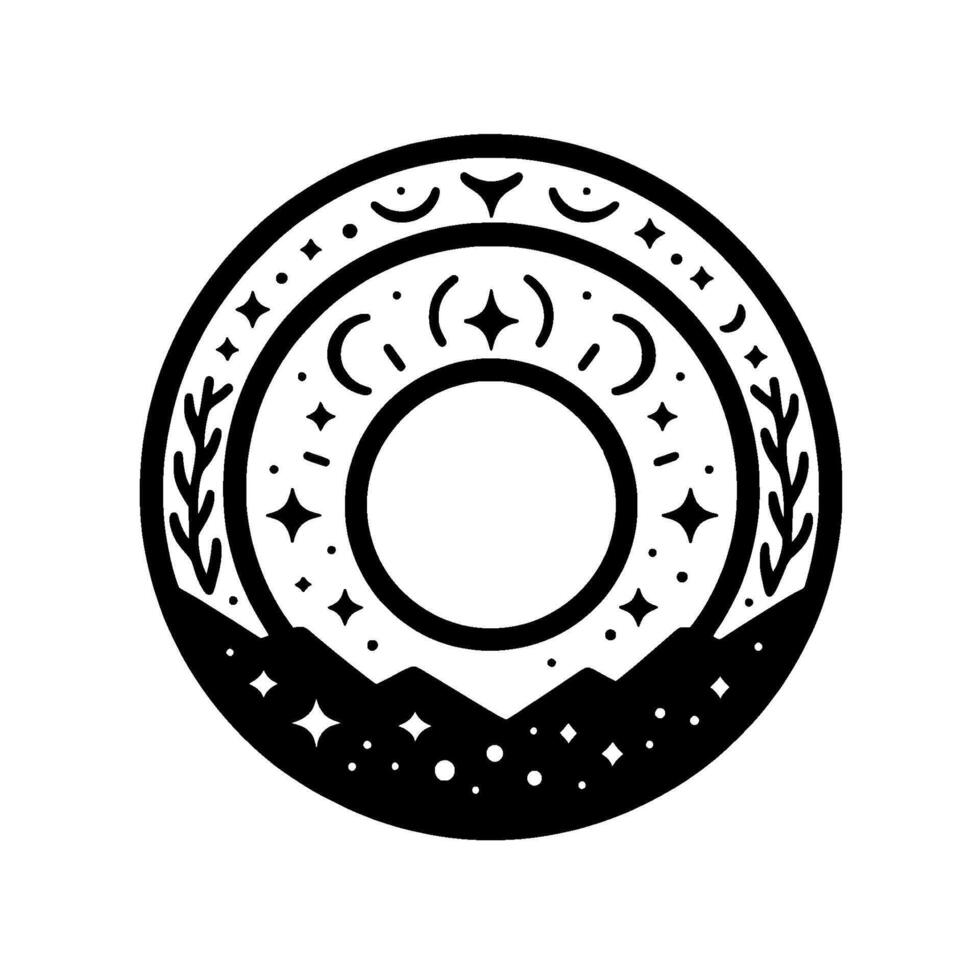 Intricate celestial mandala black white symbolic circular with moons, stars, mountains, and nature elements in a sacred geometry composition. vector