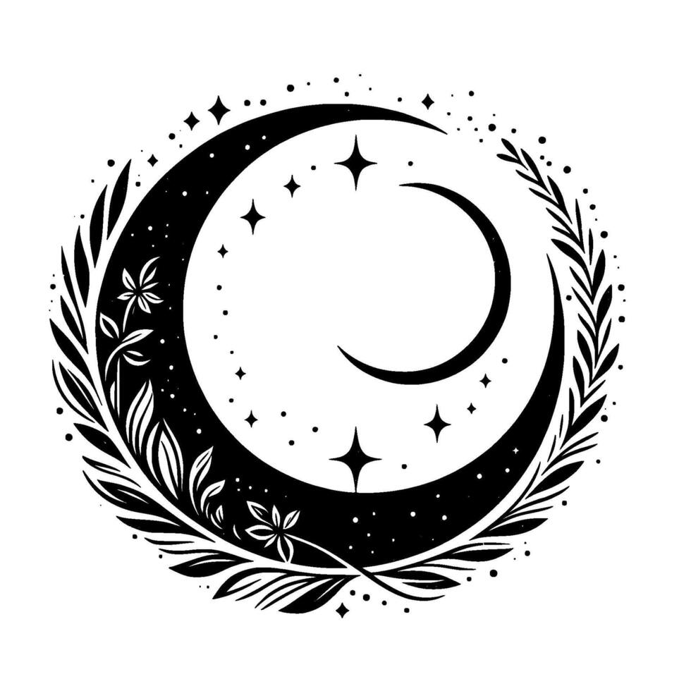 Intricate black and white celestial emblem, featuring crescent moons, stars, botanical foliage, and dot details, radiating serenity. vector