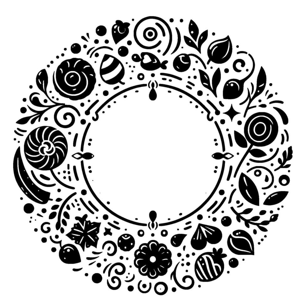 Intricate floral and oceanic wreath illustration with diverse elements in black and white, circular frame, and detailed design. vector