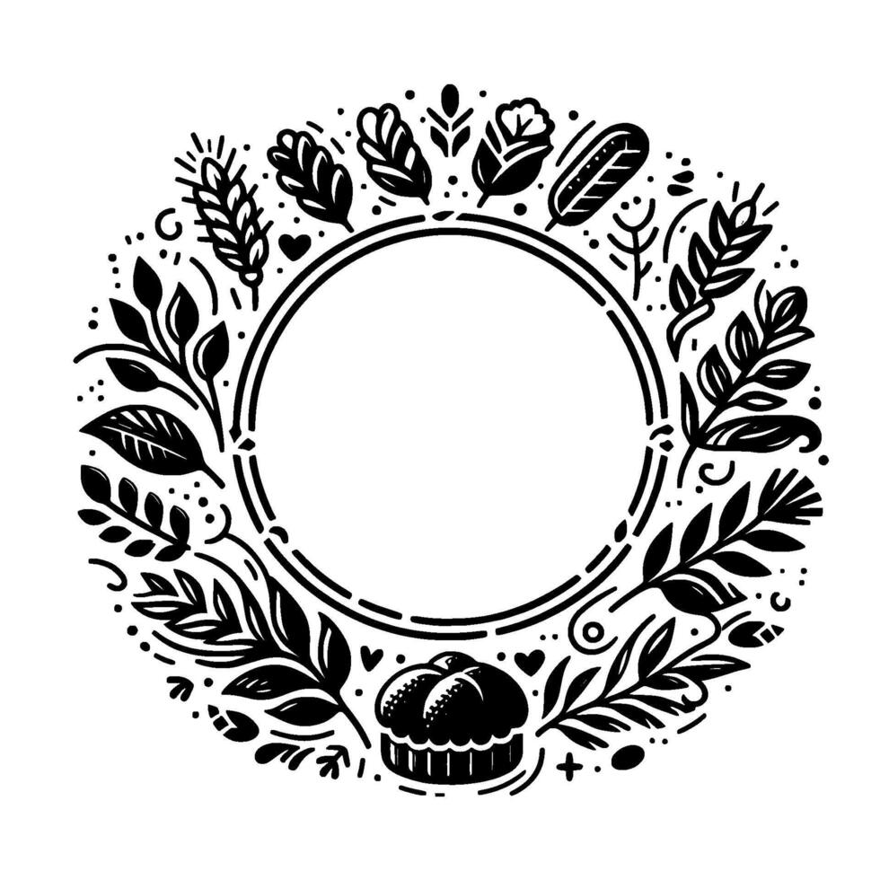 Black white botanical circle frame with bread, leafy sprigs, and floral motifs, perfect for elegant announcements. vector