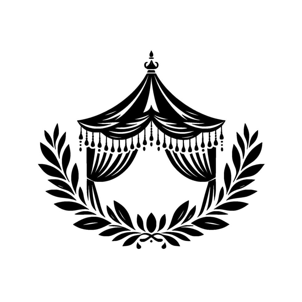 Ornate black white illustration royal tent canopy, adorned with drapes and laurel wreath border, a regal design. vector