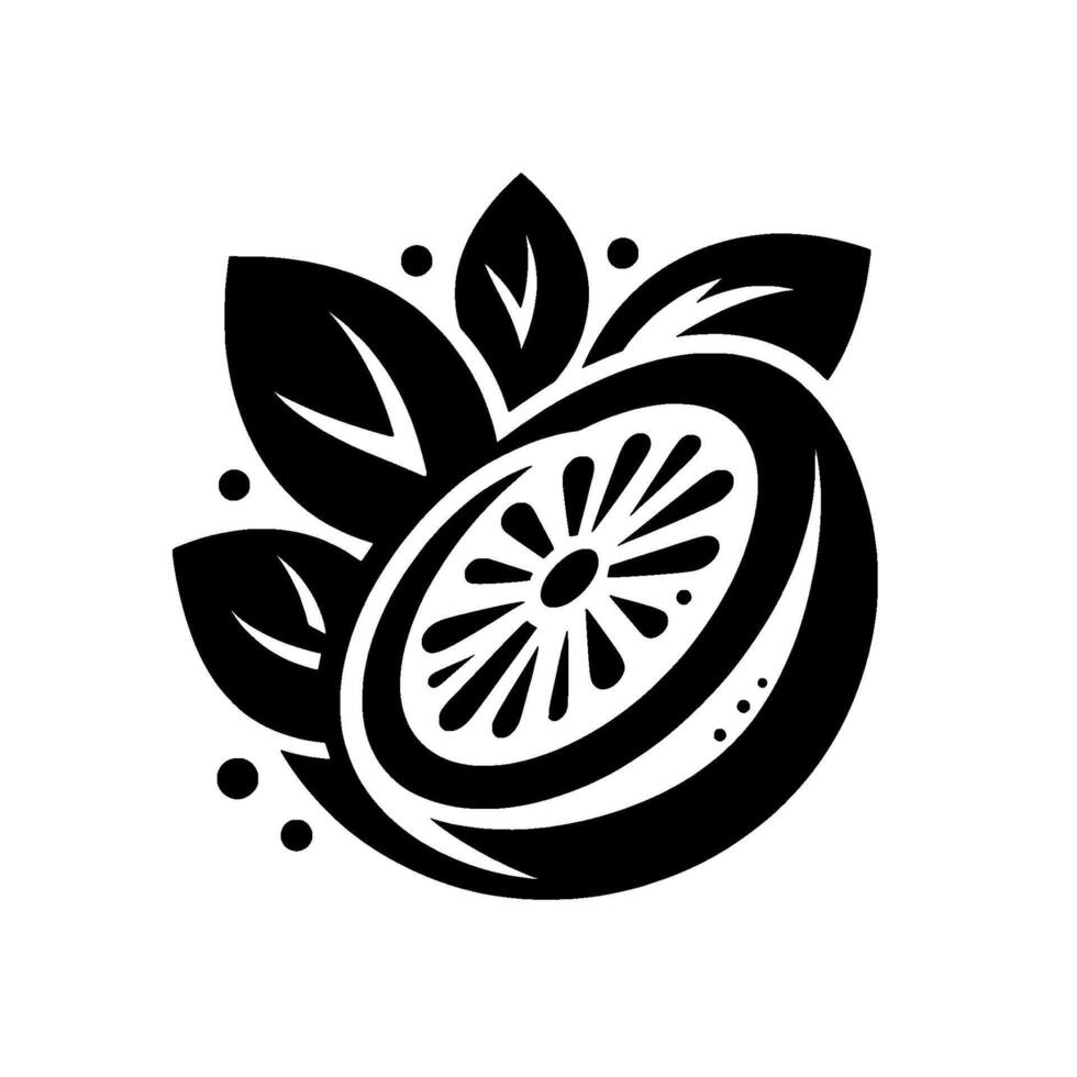 Stylized black and white citrus slice with leaves and dots, illustration for branding and design. vector