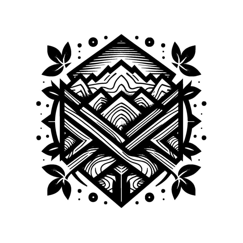 Geometric emblem mountainous landscape with crosshatched elements, leaf accents, and dot border in black and white. vector