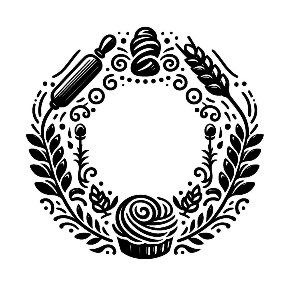 Black white bakery wreath rolling pin, loaf, wheat, cupcake, and floral elements arranged in a circular, ornamental design. vector