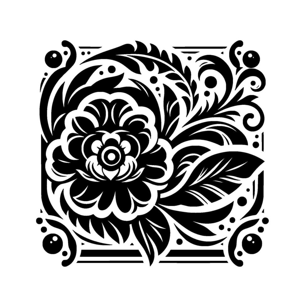 Elegant black and white floral within a square frame featuring detailed leaves, petals, and ornate flourishes. vector
