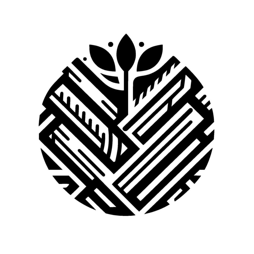 Geometric black and white logo a stylized plant within a circular pattern of linear and angular shapes. vector