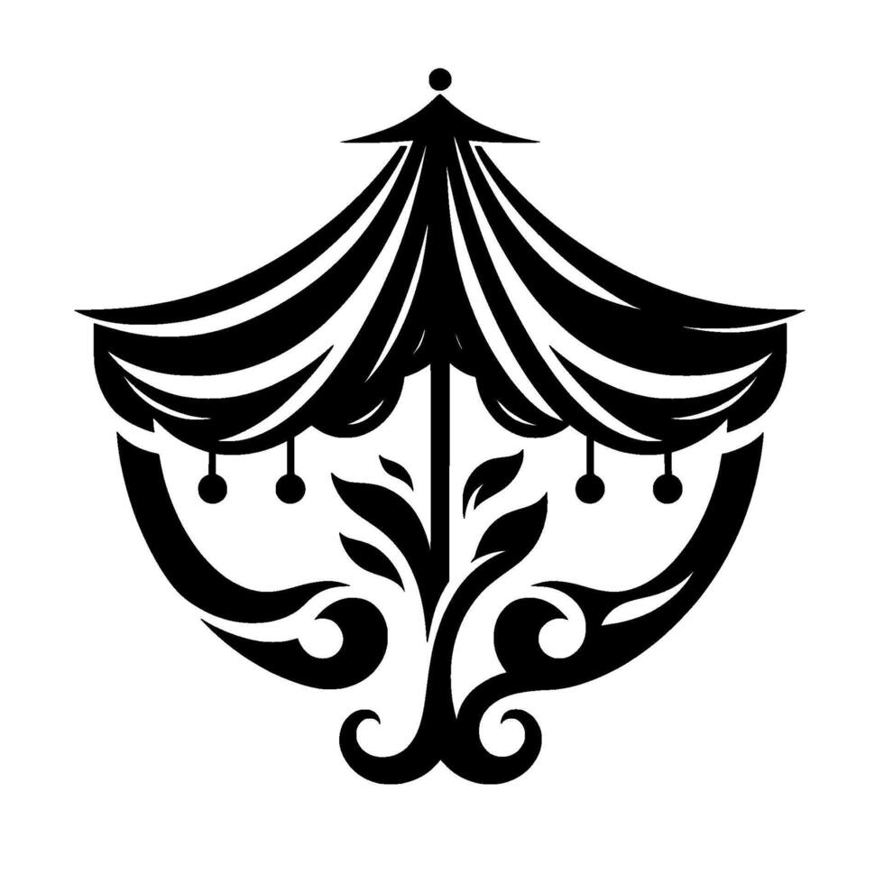 Black white stylized circus tent emblem with decorative leaves and hanging orbs, symmetrical elegant. vector