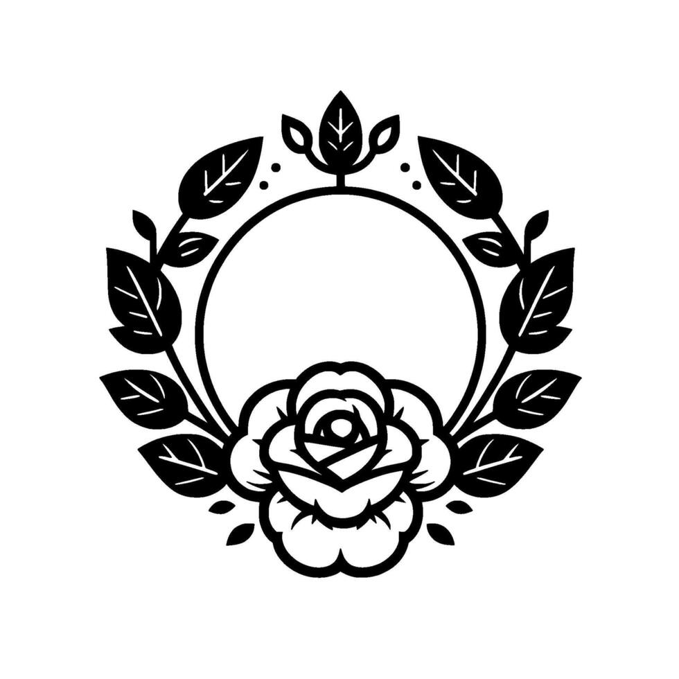 Black and white illustration of a stylized rose flower wreath with leaves encircling a blank circular space. vector