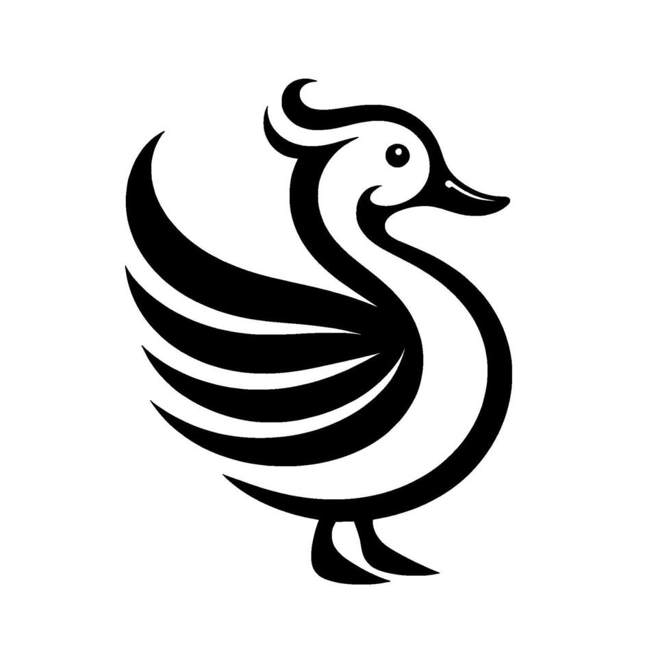 Stylized black and white duck illustration modern with graceful curves, minimalist aesthetic, and a cheerful expression on a plain background. vector