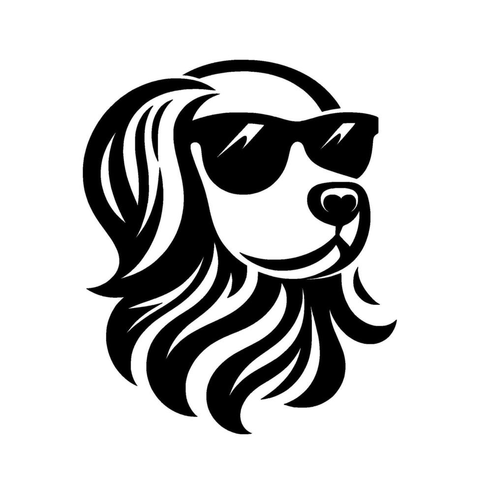Hipster dog illustration black and white stylized of a dog wearing sunglasses, with flowing fur, against a white backdrop. vector