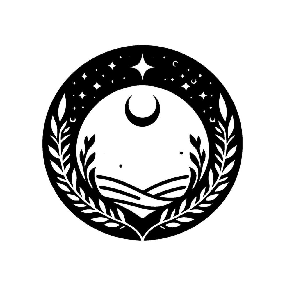 Black and white circular illustration crescent moon, stars, landscapes, laurel wreath frame, and minimalist celestial design. vector