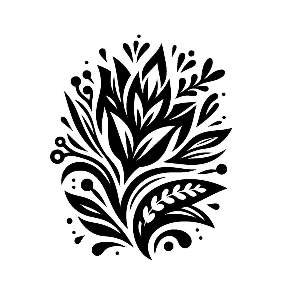 Elegant black and white floral featuring intertwined leaves, blossoms, and decorative elements on white background. vector