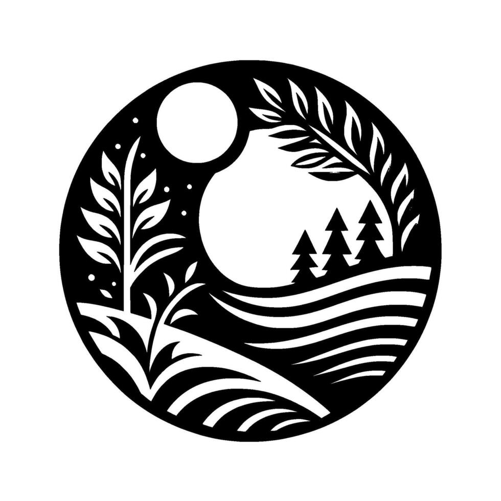 Circular monochrome artwork featuring a moonlit landscape with stylized trees, foliage, and rolling hills, evoking a serene and minimalist ambiance. vector