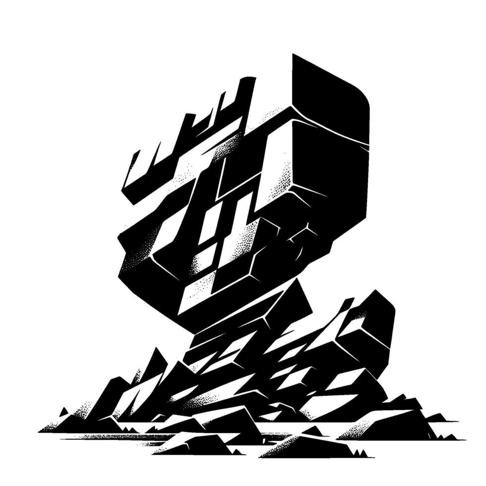 Abstract monochrome composition featuring an angular, cubic, and seemingly unbalanced rock formation, rendered in a stark, style. vector