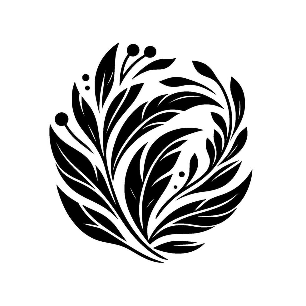Elegant black white botanical design a circular floral motif of intertwined leaves, berries, and serene minimalism on a pure white background. vector