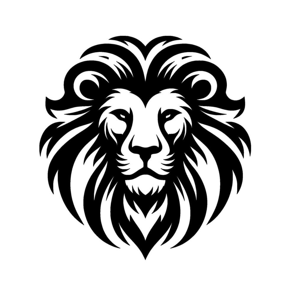 Bold black and white lion head with intricate mane, concentrated gaze, and symmetric on white background vector