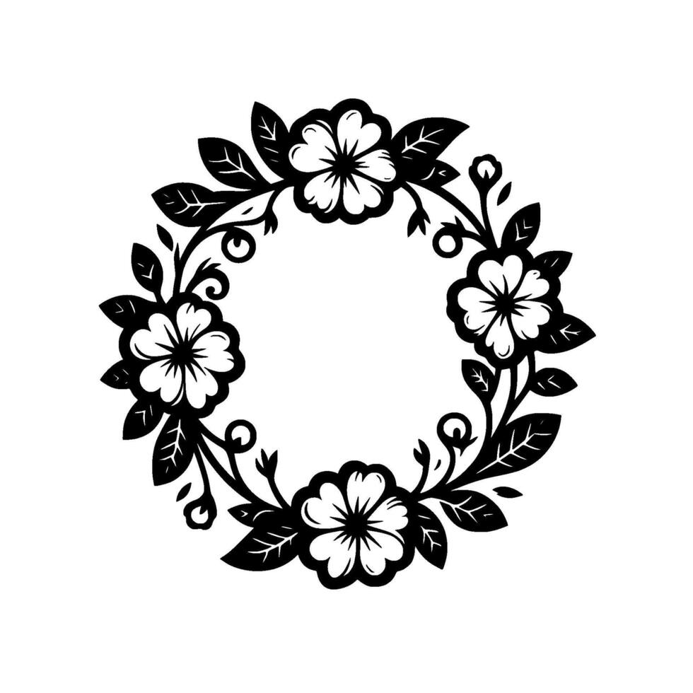 Elegant black and white floral wreath with detailed flower and leaf pattern, perfect for invitations and elements, minimal style. vector